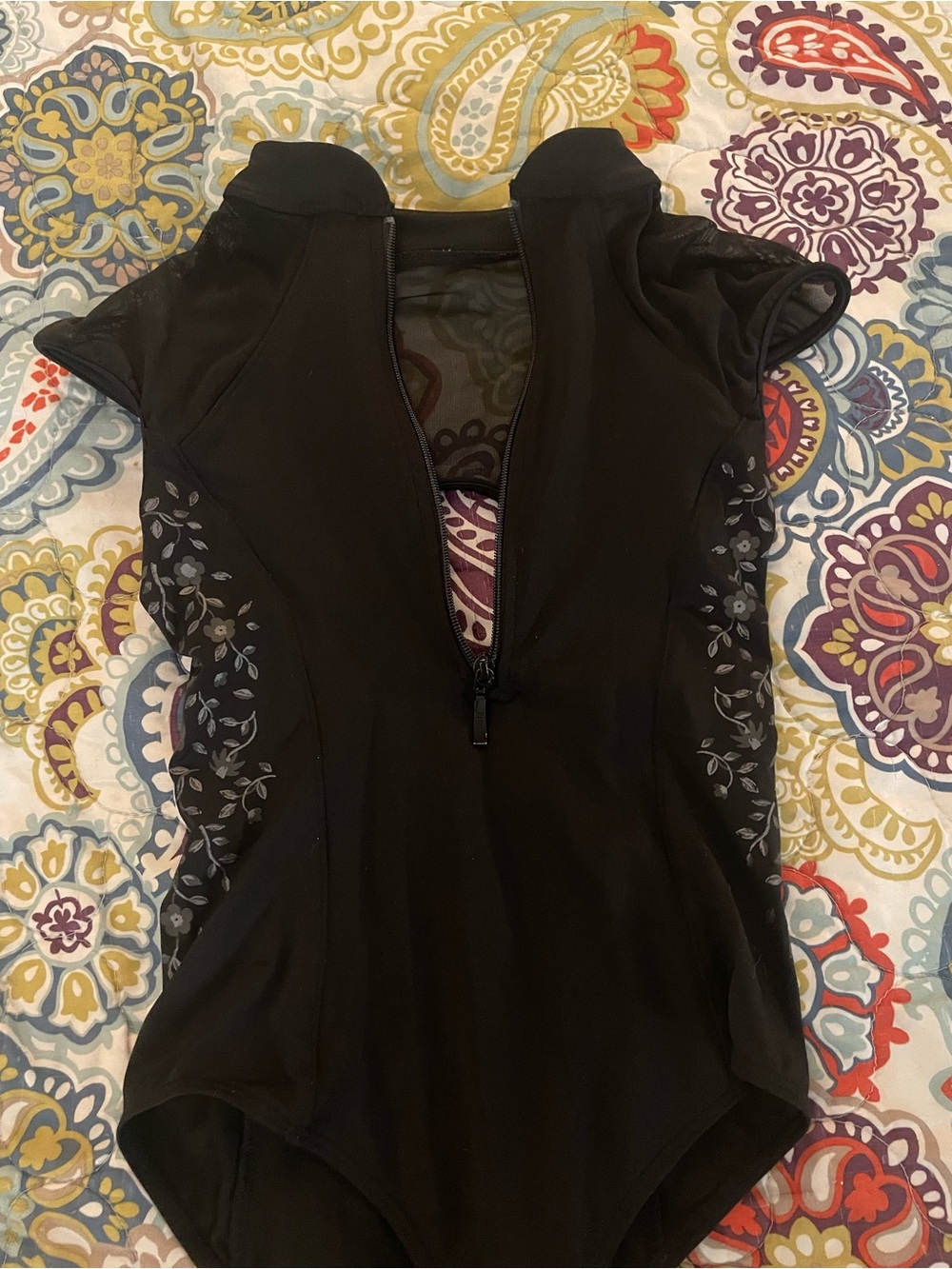 Bloch Black Short-Sleeve Dance Bodysuit with Subtle Side Floral Print